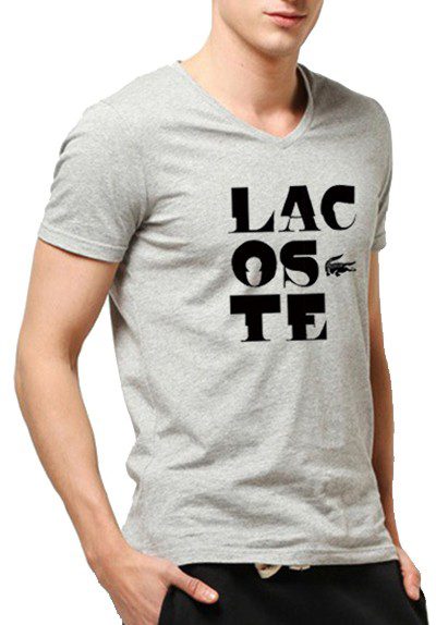 לקוסט-LACSOTE TSHIRT MEN V NECK DESGIN SHORT - GRAY