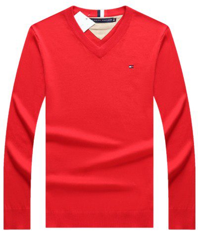 טומי הילפיגר-TOMMY TSHIRT MEN'S LONG V - Red